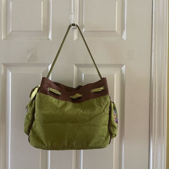 Ipa-Nima fabric green& Brown Floral embroidery medium shoulder bag bohemian look - Picture 4 of 16